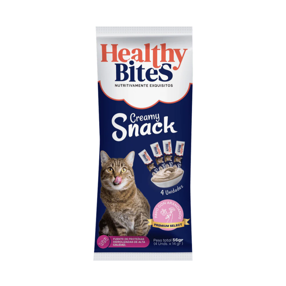 Snack Cremoso para Gato Healthy Bites sabor Pavo y arandanos 56 gr sobre por 4 unidades